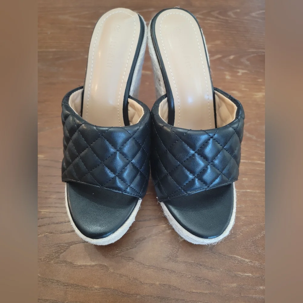 SHEIN Black Quilted Espadrille Wedge Slides